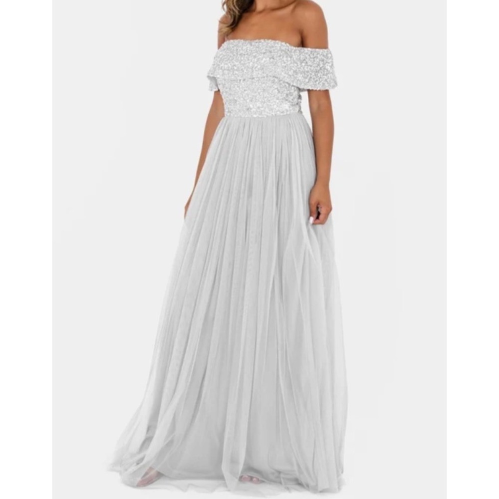 NWT MAYA PETITE Light Gray BARDOT MAXI DRESS Off-Shoulder Sequins COCKTAIL sz 10